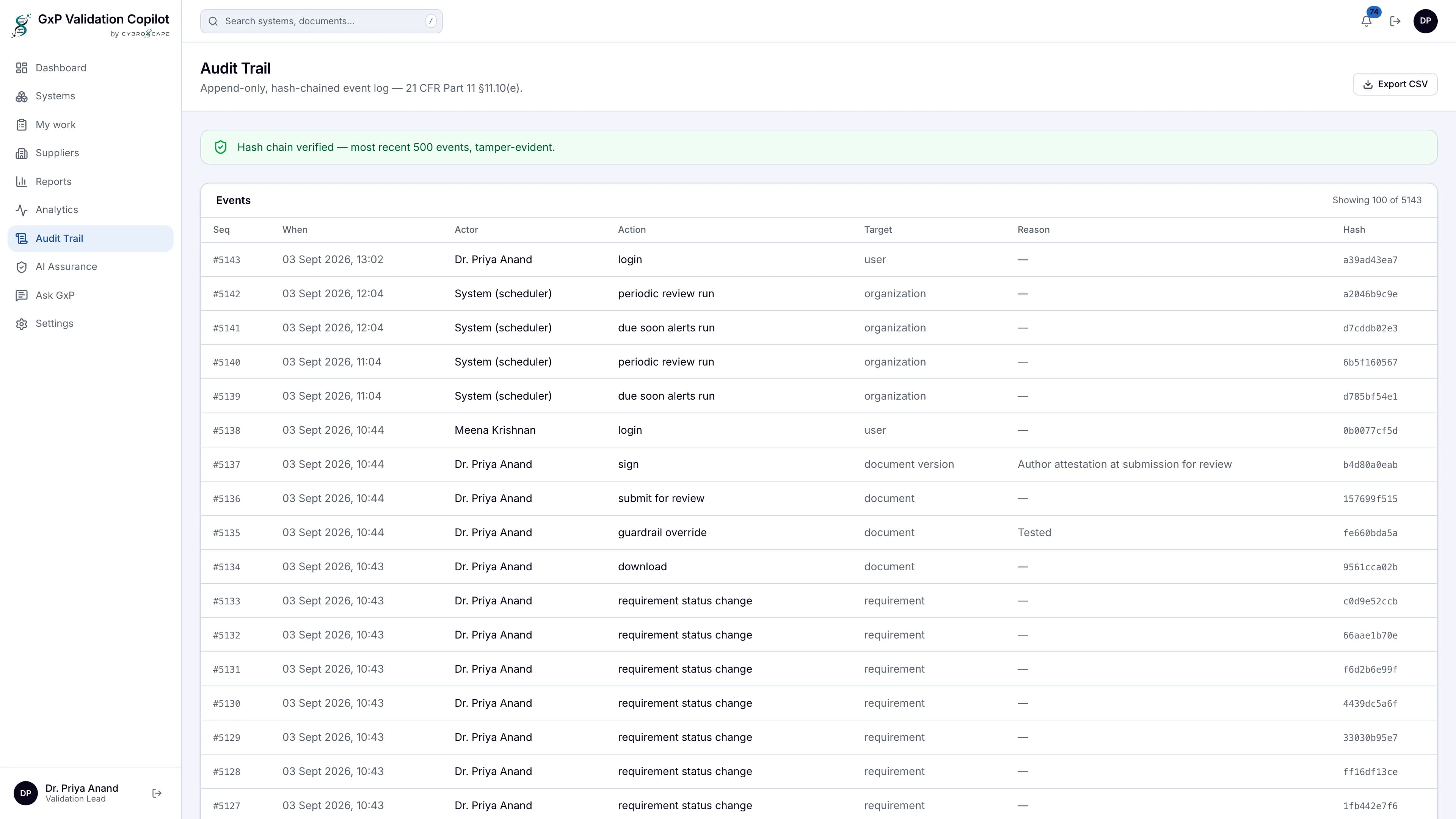 GxP Copilot tamper-evident audit trail — hash-chained event log for 21 CFR Part 11 compliance